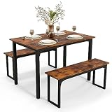 RELAX4LIFE Esstisch mit 2 Bänken, 3-teilige Essgruppe, Küchentischset mit Metallgestell, Esszimmergruppe für 4 Personen, Industriedesign, Bartisch Set für Esszimmer Küche (Rustikales Braun)