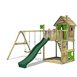 FATMOOSE Spielturm Klettergerüst HappyHome Hot mit Schaukel & grüner Rutsche, Outdoor Kinder Kletterturm mit Sandkasten Leiter & Spiel-Zubehör für den Garten