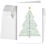 50 Premium Weihnachtskarten inkl.Umschläge Motiv: Wordcloud-Baum, Set: 50 Stück hochwertige Klappkarten (Hochformat 12x19 cm groß) für internationale Weihnachtsgrüße an Firmen, Kunden und Lieferanten