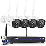 ANNKE 3MP Funk Überwachungskamera Set Aussen 8CH 5MP NVR mit 4 Pcs 3MP WiFi Kameras Videoüberwachungs Set mit 1TB Festplatte unterstützt Audioaufzeichnung, IP66 Wetterfest, kompatibel mit Alexa