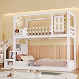 NQSLDM Etagenbett 90x200 cm mit Treppe und Stauraum, Stockbett mit Rausfallschutz und Dach, Bettgestell mit Lattenrost, Stauraumbett für Kinder und Jugendliche, Weiß