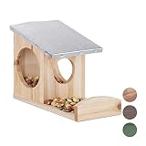Relaxdays Eichhörnchen Futterhaus, Kobel aus Holz, wetterfestes Metall Dach, zum Aufhängen, Garten Futterstation,