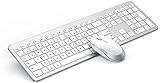 Tastatur Maus Set Kabellos, seenda Ultra-Dünne Wiederaufladbare Tastatur Maus Set, Ergonomische Tastatur Kabellos mit Silikon Staubschutz für PC/Laptop/Smart TV, QWERTZ Layout Weiß und Silber