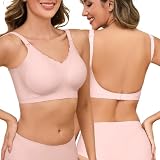 Lonya BH mit Niedrigem Rücken für Frauen, Rückenfreier Nahtloser BH Damen Ohne Bügel, Unsichtbarer V-Ausschnitt Multiway Träger BH Komfort Bralette BH Unterwäsche Abnehmbar Träge, Rosa, L