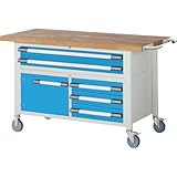eurokraft | pro | Fahrbare Werkbank Serie 8000 | Gestellbauweise | 5 Schubladen | 1 Tür | Platten-BxT 1500 x 700