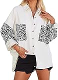 Frauen Neue Leopard Druck Kontrast Farbe Denim Jacke übergroßen Langen ärmeln Taste Tasche Denim Jacke Jacke (White,XL)