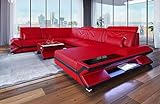 XXL Sofa Wohnlandschaft Napoli als Ledersofa in U-Form Couch mit LED-Beleuchtung und Kopfstützen (Ottomane rechts, Rot-Schwarz)