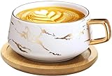 VETIN Cappuccino Tassen mit Unterteller, 300 ml Espressotassen aus Porzellan für Tee Kaffee Cappuccino, Kaffee-Tassen mit Holzscheibe - Weiß