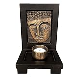 Buddha Kopf Teelicht Kerzenhalter Meditations Zen Stein Kerzenhalter mit Holzregalbasis für Spirituellen Raum Yoga Club Dekoration Ornament(Bronze)
