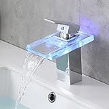 LED Wasserhahn Bad Wasserfall Waschtischarmatur, mit 3 x Farbewechsel Einhebelmischer Waschtischarmatur, Strom aus Wasserkraft, Messing Chrom (LED Wasserhahn Bad) (chrome)