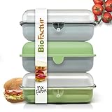 BioFactur Bio Brotdose für Erwachsene,Kinder | BPA Frei Bio Lunchbox für Kinder | Bento Box Mikrowellen Und SpüLmaschinenfest | Biokunststoff Butterbrotdose | Made in Germany (Grün-Grau-3 er)