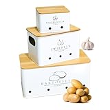 Jrdsw Kartoffel Aufbewahrungsbox, [3er Set] Zwiebeltopf Kartoffelbox Knoblauchtopf Stapelbar | Kartoffel Zwiebel Aufbewahrung mit Bambusdeckel | Zwiebel Kartoffel und Knoblauch Aufbewahrung W