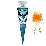 Schultüte - Dragons - Drachenzähmen leicht gemacht - 35 cm - rund - incl. Schleife - mit Tüllabschluß - Zuckertüte - mit/ohne Kunststoff Spitze - N