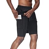 HMIYA Herren 2 in 1 Shorts Fitness Sporthose Kurz Jogginghose Schnelltrocknende Laufhose mit Kompressionsshorts und Taschen Reißverschlussfach(Schwarz,EU-XL/US-L)