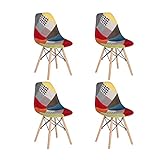 H.J WeDoo Stuhl Patchwork Wohnzimmerstühle Skandinavische Mehrfarbige Stühle mit Rückenlehne Leinen Stoff Holzbein, 4 Stück
