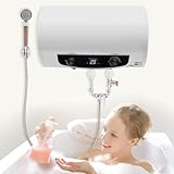 ERnonde 35 Liter Horizontaler Wandhängender Elektro Warmwasserspeicher Boiler 2000W Warmwasserboiler Lieferung inkl. Handbrause, Wasserhahn und Schläuche, Weiß