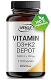Vitamin D3 K2 Depot 120 Kapseln Hochdosiert 5.000 IE Vitamin D3 + 200 µg Vitamin K2 MK7 All Trans – Ohne Zusätze, Hergestellt in DE.