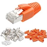 AXFEE RJ45 Stecker Cat7, 20 Stück Netzwerkstecker, Lan Stecker für Verlegekabel, mit Knickschutz Orange & Einführhilfe, Unterstützung 1.35 mm-1.45mm, RJ45 Kupplung, Ethernet Kabel für CAT 7