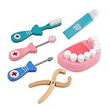 XLKJ 6 Teile Zahnarztkoffer Holz, Arztkoffer Medizinisches Lernspielzeug, Zahn Spielzeug Kinder, Rollenspiele Geschenke Mädchen Junge