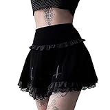 Damen Gothic Plissee Miniröcke Hohe Taille Kurze A-Linie Flare Rock Kleid mit Taschen für Punk Gothic Girls (y11, S)