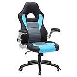 SONGMICS Racing Gaming-Stuhl, hohe Rückenlehne, Bürostuhl, mit Verstellbarer Höhe, hochklappbare Armlehnen, Kippmechanismus, für Computerspieler, schwarz, grau und blau, OBG128B02