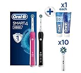 Oral-B Smart 4 4900 Elektrische Zahnbürste, Doppelpack, Pink & Schwarz, elektrische Zahnbürste inkl. 2 Zahnpasta und 10 Korsaktion-Ersatz-Köpfe
