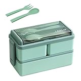 Ruiteh 1400 ml Lunchbox, wiederverwendbar, doppellagig, für die Mikrowelle, Bento-Boxen, BPA-freie Lunchbehälter mit Utensilien für den Außenbereich (grün)