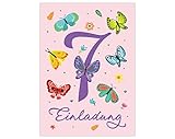 12 Einladungskarten zum 7. Kindergeburtstag siebte Geburtstag Mädchen Schmetterlinge