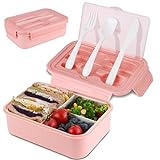 Pewwt Bento Box Brotdose, Bento Box für Erwachsene Studenten, Lebensmittelbehälter mit 3 Fächern, Mikrowellen- und Spülmaschinenfest, Rosa