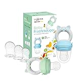 Luxior Fruchtsauger Set grün/blau | 2 Fruchtsauger für Baby + 6 Aufsätze | Schnuller zum Befüllen mit Obst, Gemüse & Baby Essen | ab 3 Monate | BPA-freie Zahnung