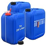 3x 25 Liter Getränke Wasserkanister mit 1 Hahn und 3 Schraubdeckel (DIN 61) | Lebensmittelecht | BPA Frei | Tragbar | Indoor und Outdoor | Blau