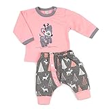 Koala Baby 2-tlg. Babykleidung Set Shirt und Hose/Baby Mädchen Kleidung Set/Erstlingsausstattung im Rehkitz-Motiv in rosa-grau/Baby Kleidung Erstausstattung in Größe: 80 (9-12 Monate)