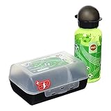 Emsa Kids Set mit Fußball-Motiv, Trinkflasche + Brotdose, 400 ml auslaufsichere Flasche, Dose mit verschiebbarer Trennwand, Schwarz/Grün, 518140, S