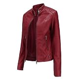 Generisch Damen Lederjacke Rot, Größe M, Stehkragen, Bikerjacke, Langarm, Kurze Länge, Ungefüttert, 3 Taschen, Medium, EU, Leder, Triangular, Frauen, Damen, Motorradjack