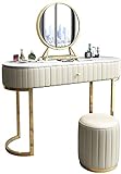 JRZTC Make-up-Schminktisch-Set, Villa-Möbel, moderner Make-up-Schminktisch mit rundem Spiegel und gepolstertem Hocker, goldenes Metallbein, weißes Marmorholzfurnier