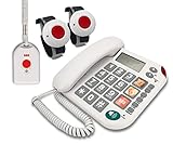 MAXCOM KXTSOS (G-TELWARE®) Haus-Notruf-Seniorentelefon mit Funk-SOS-Sender, schnurgebundenes Festnetztelefon, 2Armband+1Umhängesender, Große Tasten, TAE Stecker, Hörgerätekompatibel