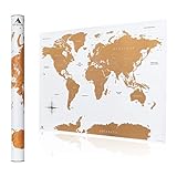Hochwertige Rubbel Weltkarte 84x58cm - XXL Poster zum Freirubbeln, mit Rubbelchip - Rubbelkarte Welt gold, weiß - Scratch Off Map (Deutsch)