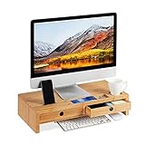 Relaxdays Monitorständer, aus Bambus, Bildschirmerhöhung mit 2 Schubladen & Ablagen, Schreibtisch, HBT 12x56x27cm, Natur