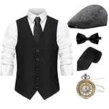 Gionforsy 20er Jahre Herren Weste Kostüm Zubehör Set mit Hut Weste Fliege Krawatte Taschenuhr Gangster Accessoires Set für Great Gatsby Party Halloween Karneval Fasching Mottoshow (Schwarz, M)