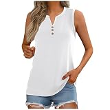 Damen V Ausschnitt Tank Top Ärmellos Sommer Bluse Locker Knopfleiste Casual Weste Elegant Basic Shirt Tunika Freizeit Top Rundhals Oberteil Unifarben Leicht M