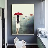 Poster Leinwandbild Frau mit Regenschirm im Regen Posterdruck Wand Bilder Bild Wohnzimmer Schlafzimmer Wohnkultur40x50cm