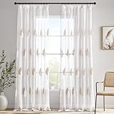 MIULEE Gardinen Vorhänge mit Kräuselband, Vorhang Wohnzimmer Braun und Weiß Blätter Muster, Schöne Stickerei Gardine 2er Set Modern Schlafzimmer Fenster H 225 X B 140