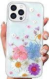 Abbery Kompatibel für iPhone 13 Pro Max Blume Hülle,Transparent Ultra Dünn Getrocknete Blume Schutzhülle Handyhülle Soft Silikone Case (Blaues Pink)