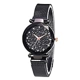 Damen-Armbanduhr, Sternenhimmel, modische elegante Damen-Quarz-Armbanduhr mit dünnem magnetischem Armband, aus Stahl und Armband, Damen, Schwarz + Armband