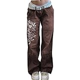 FUZUAA Denim-Hose für Damen, Vintage-Jeans hohe Taille gerader Bein mit Blauer Jeans-Tasche für Mädchen Streetwear (Color : Brown, Size : M)
