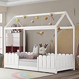KecDuey Hausbett 90x200 cm - vielseitiges Holz Kinderbett für Jungen & Mädchen - Mit Rausfallschutz und Lattenrost (Ohne Matratze) (Weiß)