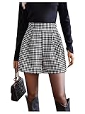 SOLY HUX Damen Elegant Shorts Breites Bein Hose Freizeitshorts Casual Herbst Shorts Winter Outfit mit Hahnentrittmuster Schwarz S