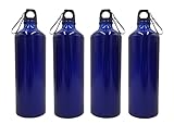 BURI 4X Aluminium Trinkflasche 1 Liter blau mit Karabiner Wasserflasche Sportflasche