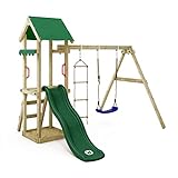 WICKEY Spielturm Klettergerüst TinyCabin mit Schaukel & grüner Rutsche, Outdoor Kinder Kletterturm mit Sandkasten, Leiter & Spiel-Zubehör für den Garten