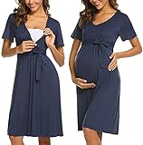ADOME Frauen Pflege/Geburt/Krankenhaus Nachthemd Kurzarm Nachthemd Umstandsnachthemd mit Knopf Stillnachthemd für Schwangere und Stillzeit, B-dunkelblau, L